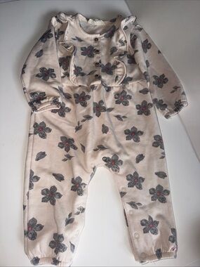 Jessica Simpson Beige Floral Cotton Long Sleeve Ruffle Snap One-Piece 12M